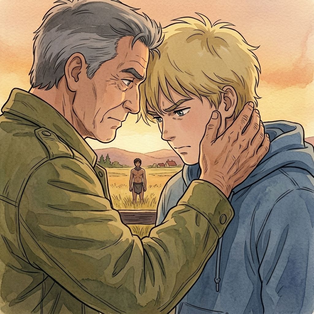 An older man resting his hand possessively on a younger man's neck
